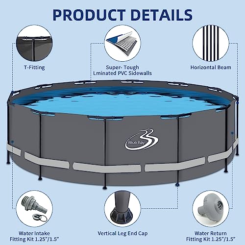 BlueBay Above Ground Swimming Pool Set 15ft x 48in with 1000 GPH Filter Pump, Cover, Ladder, Maintenance Kit Gray Frame