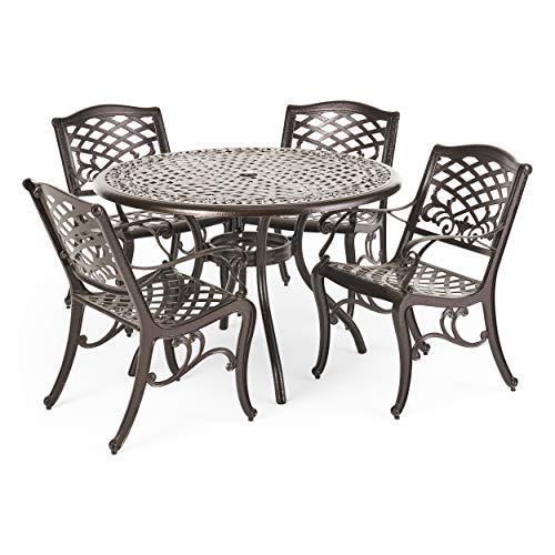 Christopher Knight Home Hallandale 5-Pc Outdoor Cast Aluminum Dining Set Hammered Bronze