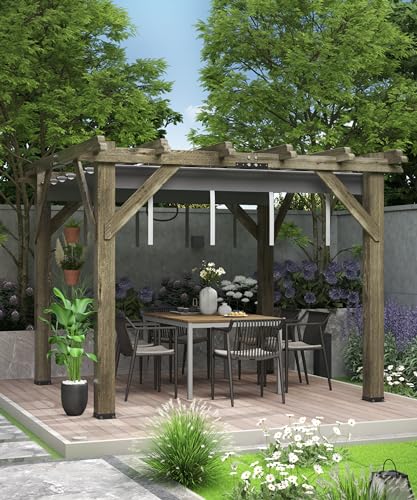 KYBOLT 10x10 Ft Wood Pergola with Retractable Sunshade Charcoal Gray
