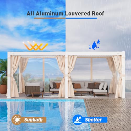 COSIEST 10'x20' Outdoor Louvered Pergola with Adjustable Roof, Netting & Curtains, Hardtop Gazebo Sun Shade White