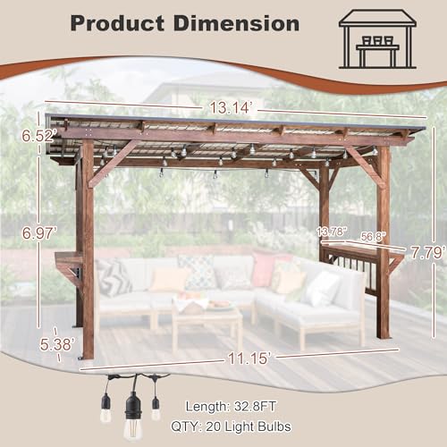 AMNOOI 13' x 6.5' Spacious Wooden Pergola Grill Gazebo with Metal Roof and Built-in Bulbs Brown