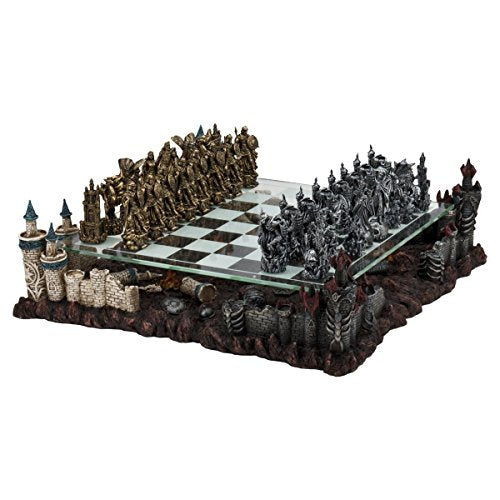 CHH 17" 3D Fantasy Chess Set Good Vs. Evil Bronze & Silver Tone