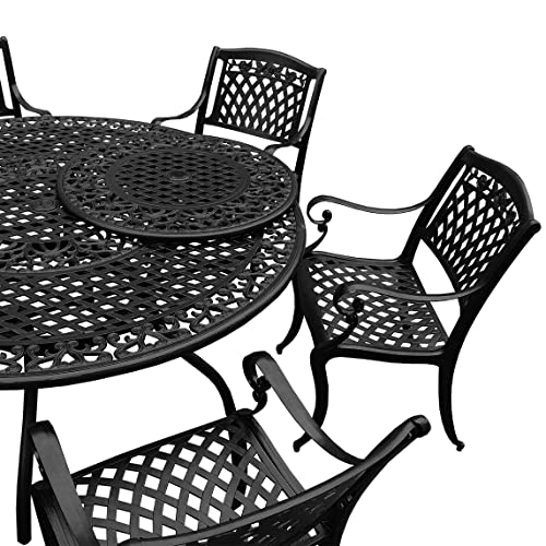 Oakland Living Modern Ornate Outdoor Aluminum 59-in Round Patio Dining Set with Lazy Susan and Six Chairs Black