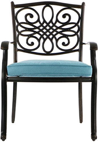 Hanover 5-Piece Traditions 48" Cast-Top Aluminum Patio Dining Set with Cushioned Chairs and Umbrella Stand Blue