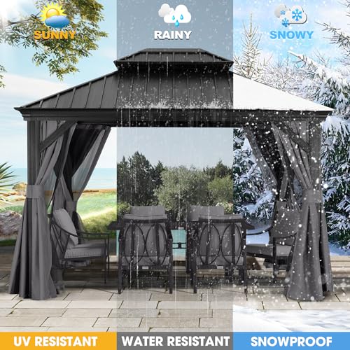 ABCCANOPY Hardtop Gazebo 10x12 Outdoor Metal Pavilion with Netting and Curtain Dark Gray