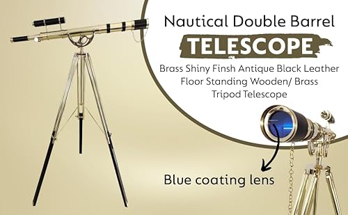 NAVIROCK Royal Vintage Double Barrel Brass Telescope with Black Leather & Adjustable Wooden Tripod Shiny Brass