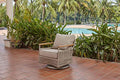 Winston August Swivel Glider Lounge Chair Natural Teak Wood Driftwood Grid Weave Sunbrella Cast Ash Fabric