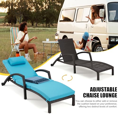 HOMREST Chaise Lounge Chairs Set of 6 PE Rattan Wicker Adjustable Pool Lounger Blue