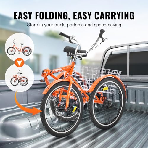 VEVOR Folding Adult Tricycle 26-Inch Lightweight Aluminum Alloy 3 Wheel Cruiser Bike with Large Rear Basket Orange
