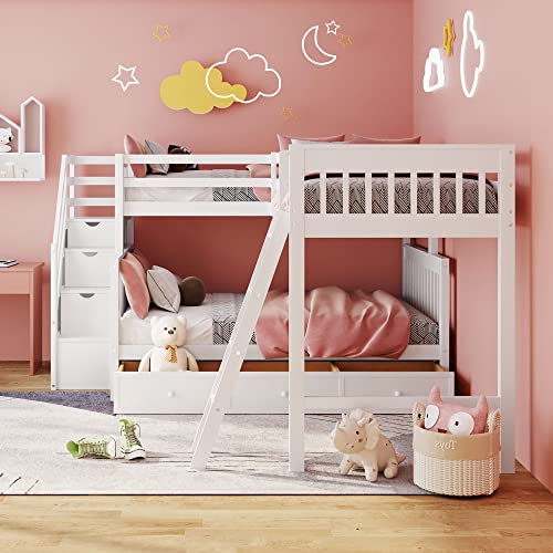 DRELOFT L-Shaped Twin Bunk Bed with Storage Drawers White