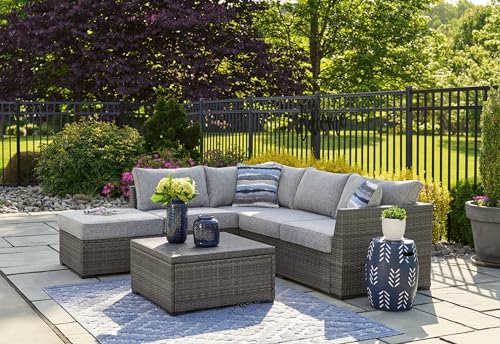 Signature Design by Ashley Petal Road Casual Weather Resistant Outdoor Loveseat Sectional Set with Ottoman, Table & 2 Throw Pillows Grey