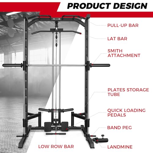 RitFit Smith Machine Power Rack with LAT-Pull Down System, Landmine, Barbell Bar, Plate Storage Pegs Black