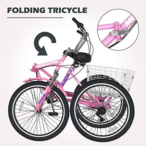 Barbella Adult Folding Tricycles 7 Speed 20/24/26 Inch 3 Wheel Cruiser Bike Light Pink