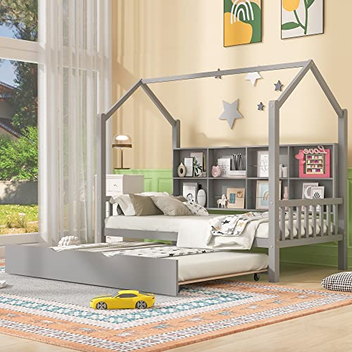 Acosure Metal House Bed Frame with Roof and Slats Support, Montessori Design, Full Size, Grey