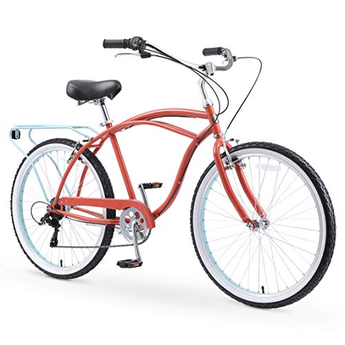sixthreezero Men's Beach Cruiser Bike 7-Speed Step-Through Hybrid Bicycle 26" Brick Pool w/ Black Seat/Grips