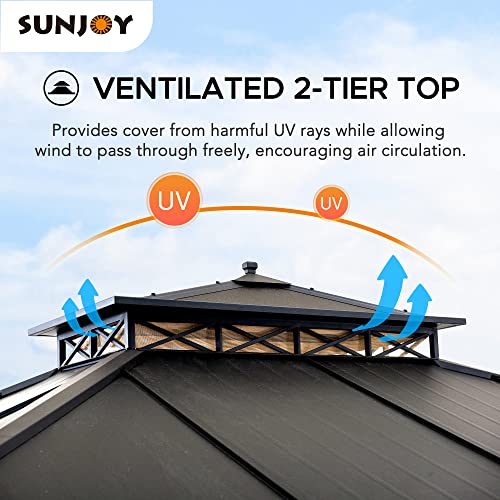 Sunjoy Hardtop Gazebo 11x13 ft Outdoor Patio Black Aluminum Frame Double Tiered with Mesh Netting
