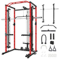 GarveeLife Power Cage SmithBar Rack 1600 LBS with LAT Pulldown & Cable System Red