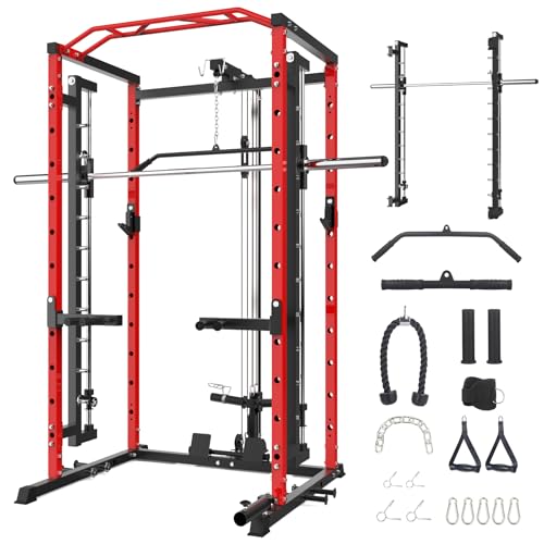 GarveeLife Power Cage SmithBar Rack 1600 LBS with LAT Pulldown & Cable System Red