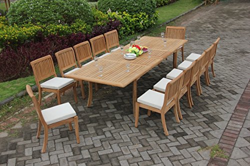 WholesaleTeak 13 Pc Grade-A Teak Wood Outdoor Dining Set with 117" Double Extensions Table and 12 Stacking Chairs Brown