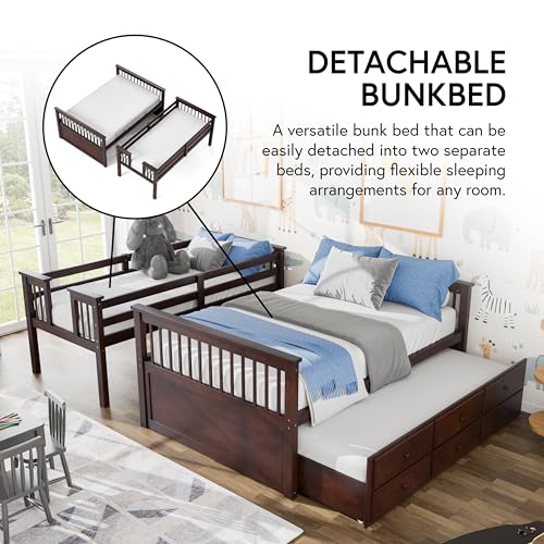Furniture of America Barnett Solid Wood Bunk Bed with Trundle & Drawers Twin Over Full Dark Walnut
