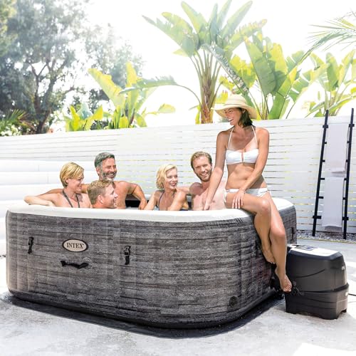 Intex Rechargeable Handheld Pool Vacuum Cleaner with 2 Brush Heads and PureSpa Plus 6 Person Inflatable Square Hot Tub with 170 AirJets Gray