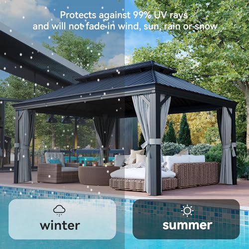 Aoxun 12' x 16' Permanent Hardtop Aluminum Gazebo with Double Roof, Curtains & Netting Gray