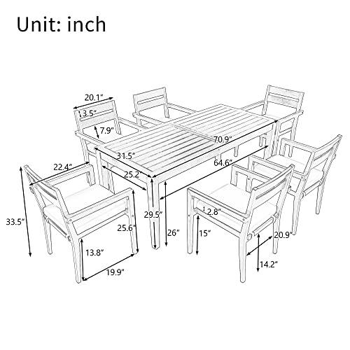 LOUHME 7-Piece Outdoor Patio Dining Table Set with Acacia Wood Table & Chairs Grey