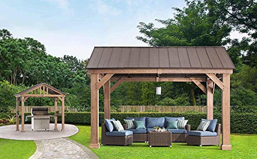 Sunjoy Coen L-GZ1171PWD-B Hudson Cedar Wood Pavilion with Hardtop Gazebo 14'x12' Natural/Brown
