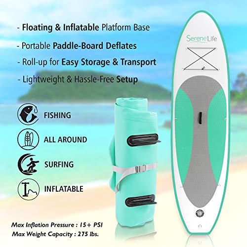 SereneLife Inflatable Board (6 Inches Thick) | Premium SUP Accessories & Carry Bag | Wide Stance, Bottom Fin | Non-Slip Deck | Youth & Adult Standing Boat