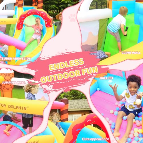 Doctor Dolphin Inflatable Bounce House Ice Cream Doughnut Party with Blower, Slide & Ball Pool Pink and Yellow
