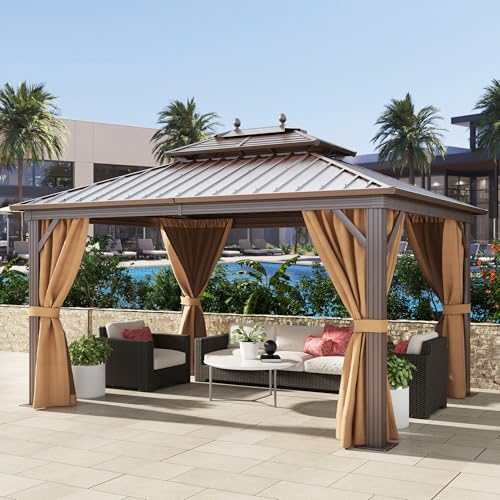 DWVO 10x12ft Hardtop Gazebo with Nettings and Curtains Bronze