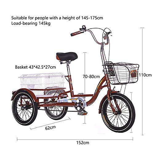 FGVDJ Adult Tricycle 16" Trike Cruiser Bike 1 Speed Cargo Cycling with Light & Basket Brown