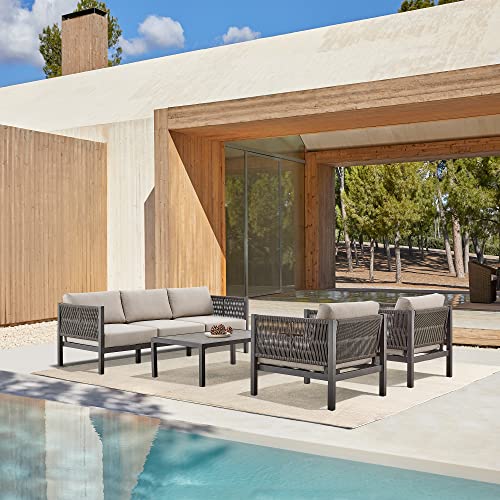 Armen Living Cuffay Modern Outdoor Patio Conversation Furniture Set Brown Aluminum and Taupe