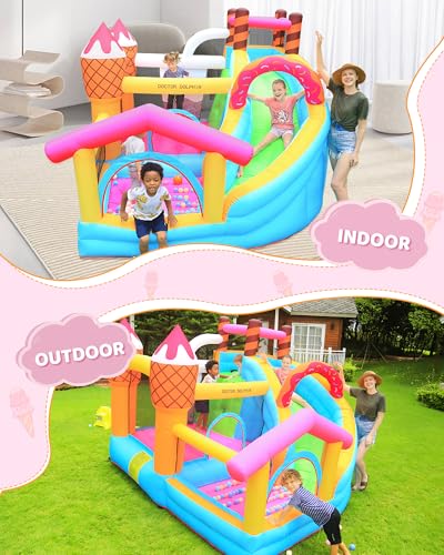Doctor Dolphin Inflatable Bounce House Ice Cream Doughnut Party with Blower, Slide & Ball Pool Pink and Yellow
