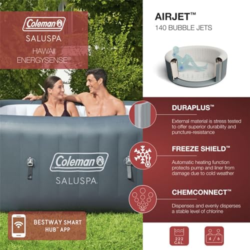 Bestway Coleman Hawaii AirJet Inflatable Hot Tub with EnergySense Cover Gray + SaluSpa Non-Slip Pool and Adjustable Spa Seats