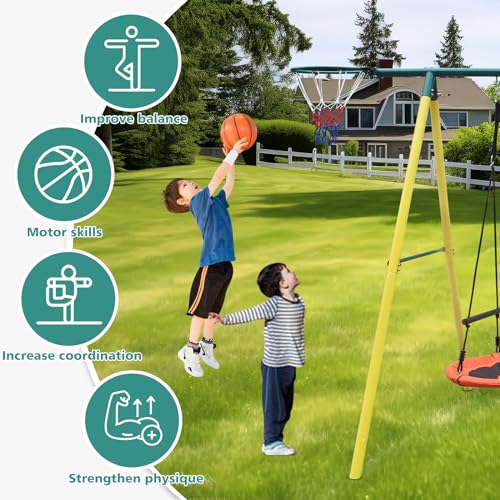 HaoKang 6-in-1 Metal Swing Set with Saucer, Belt, Glider, Net & Hoop Green