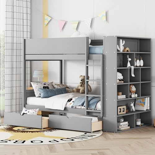 KTATK Twin Over Twin Bunk Bed with Storage Drawers and Cabinet Gray