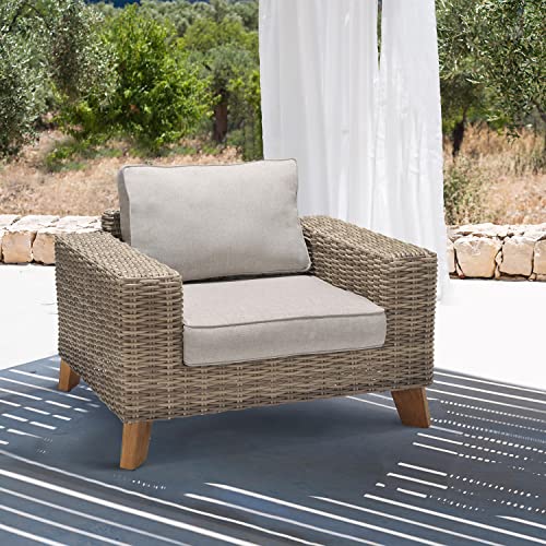 Armen Living Bahamas Outdoor Wicker & Teak Wood Lounge Chair Natural Taupe Beige