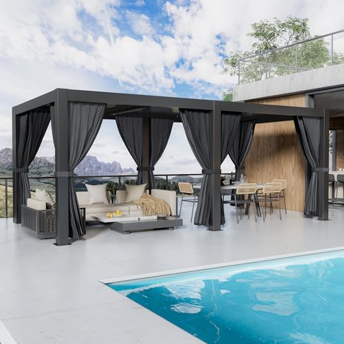 GS CHIER Outdoor Louvered Pergola 10' x 20' Black with Curtain