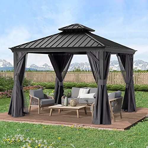 ABCCANOPY Hardtop Gazebo 10x10 Outdoor Metal Pavilion with Netting and Curtain Gray