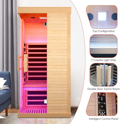ToTibuy Indoor Far Infrared Sauna Canadian Hemlock Single Person Spa Wood Color