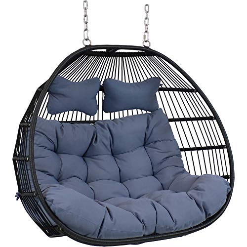 Sunnydaze Liza Loveseat Egg Chair with Gray Cushions - Black Wicker Frame - 550 lb Capacity - 43" Tall Grey