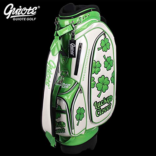 Guiote Golf Stand Bag Pu Leather Golf Carry Bag Embroidery Series 8-Ways 9.0" White Lucky Clover