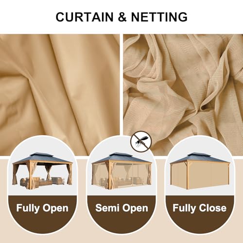Aoodor 12' x 16' Aluminum Gazebo with Wood Grain Finish, 2-Tier Black Steel Roof, Curtains, and Netting Black/Wood Like Frame
