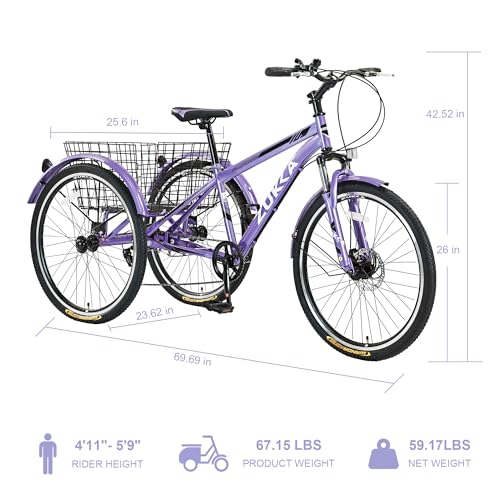 KOZYSFLER Ultimate Comfort 7-Speed Adult Tricycle 26-Inch Wheels Purple