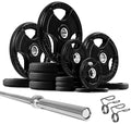 French Fitness Rubber Grip Weight Plate Set w/ 7 ft Olympic Bar 395 lbs