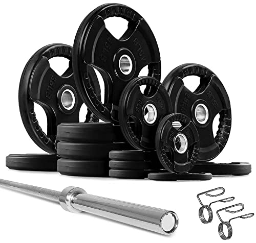 French Fitness Rubber Grip Weight Plate Set w/7 ft Olympic Bar 395 lbs + Bench