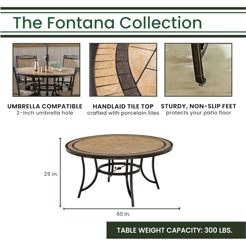 Hanover Fontana 7-Piece Outdoor Dining Set with 6 Sling Swivel Rocker Chairs and Round Table, Tan/Bronze