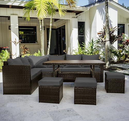 Nestl 7-Piece Wicker Outdoor Furniture Set Brown Frame/Grey Cushions