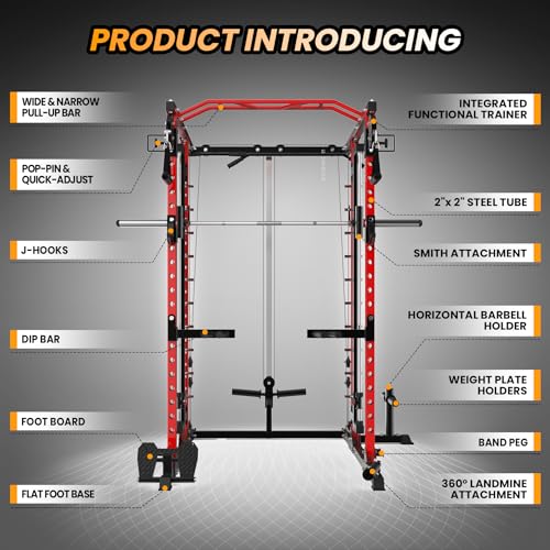STMHOM Power Cage with Smithbar, 2000 Lbs Power Rack, Cable Crossover System, Black/Smithbar Red
